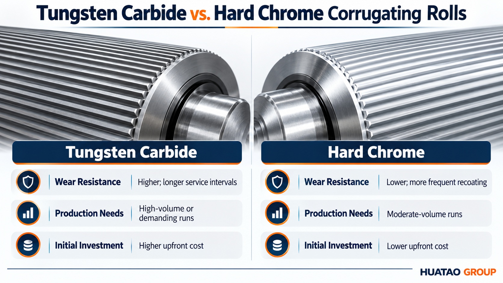 Tungsten carbide vs hard chrome corrugating rolls comparison.