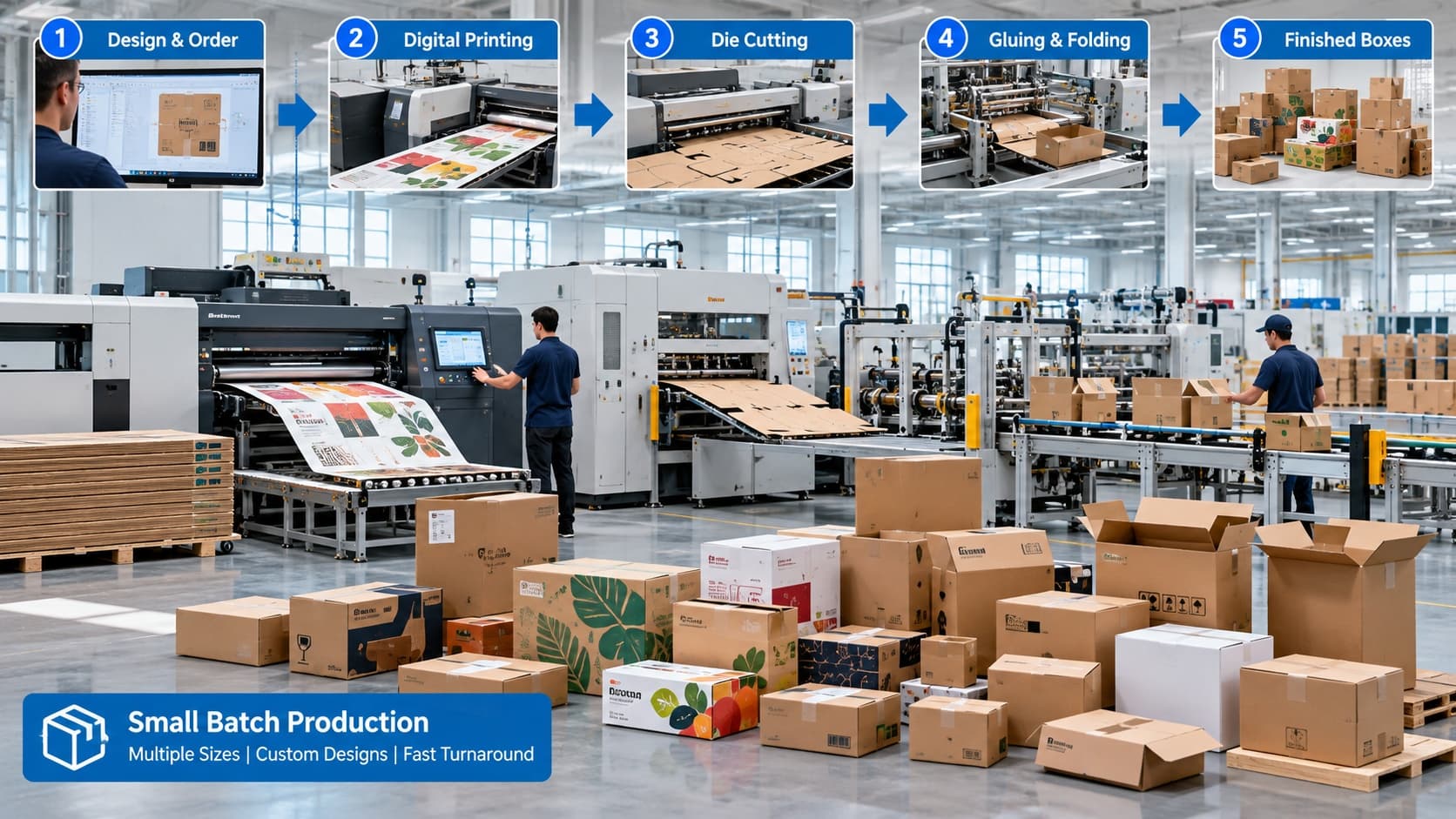 Short-run corrugated box production for small custom orders.
