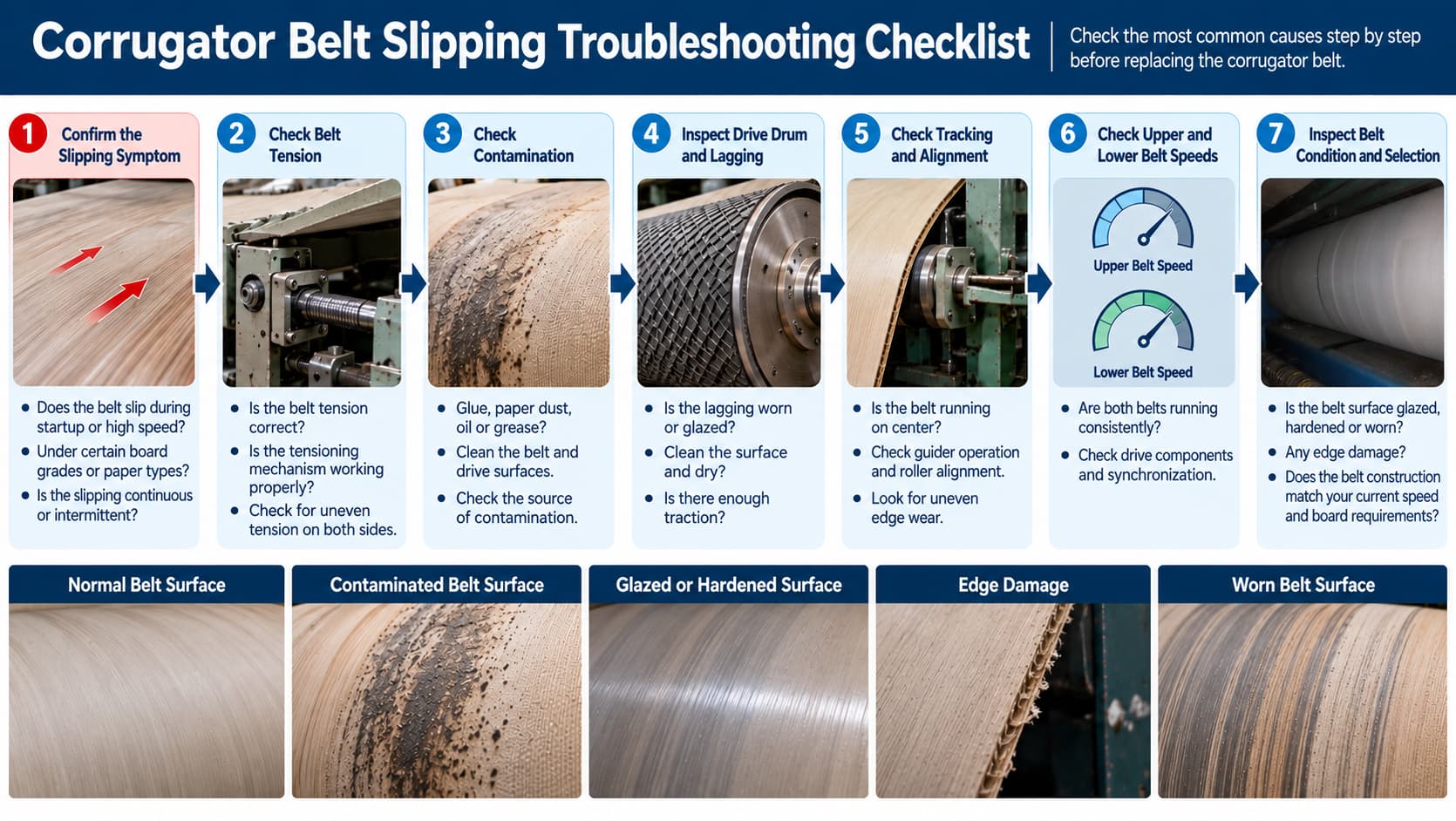 Corrugator belt slipping troubleshooting flowchart for checking tension, contamination, drum lagging, tracking and belt condition